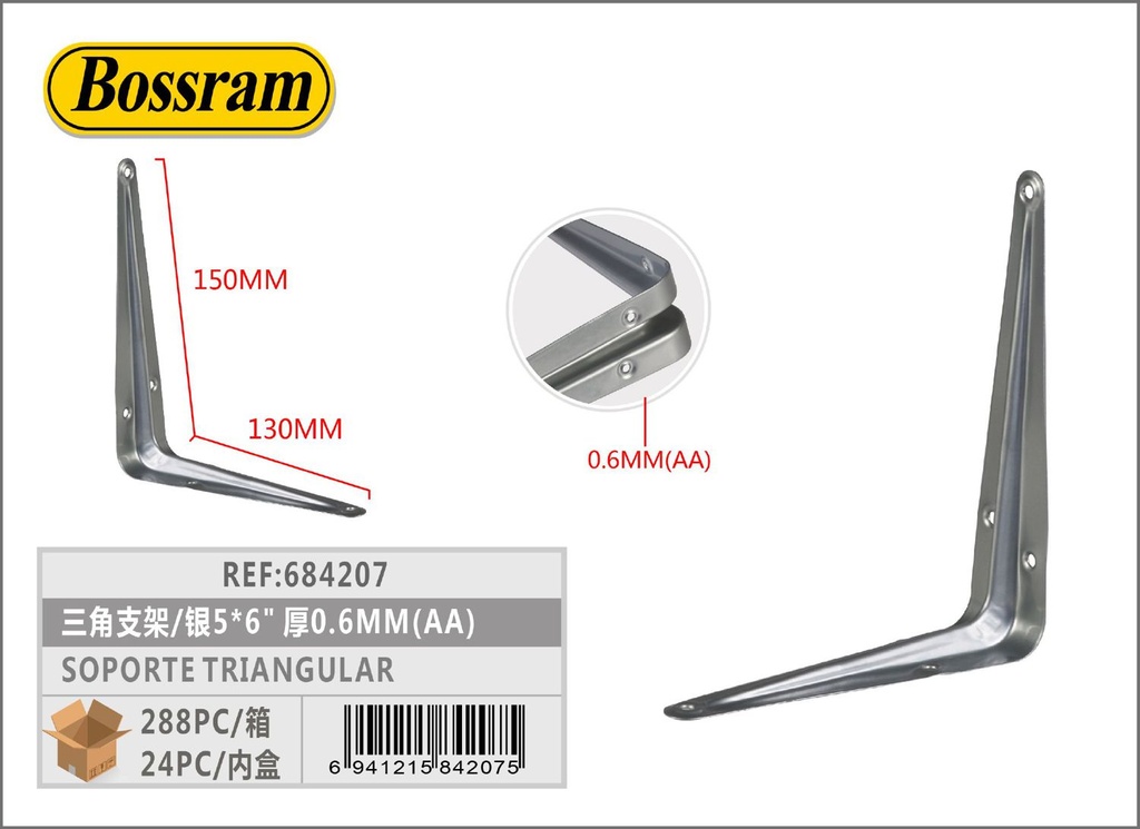 Soporte triangular plateado 5x6" 125x150mm