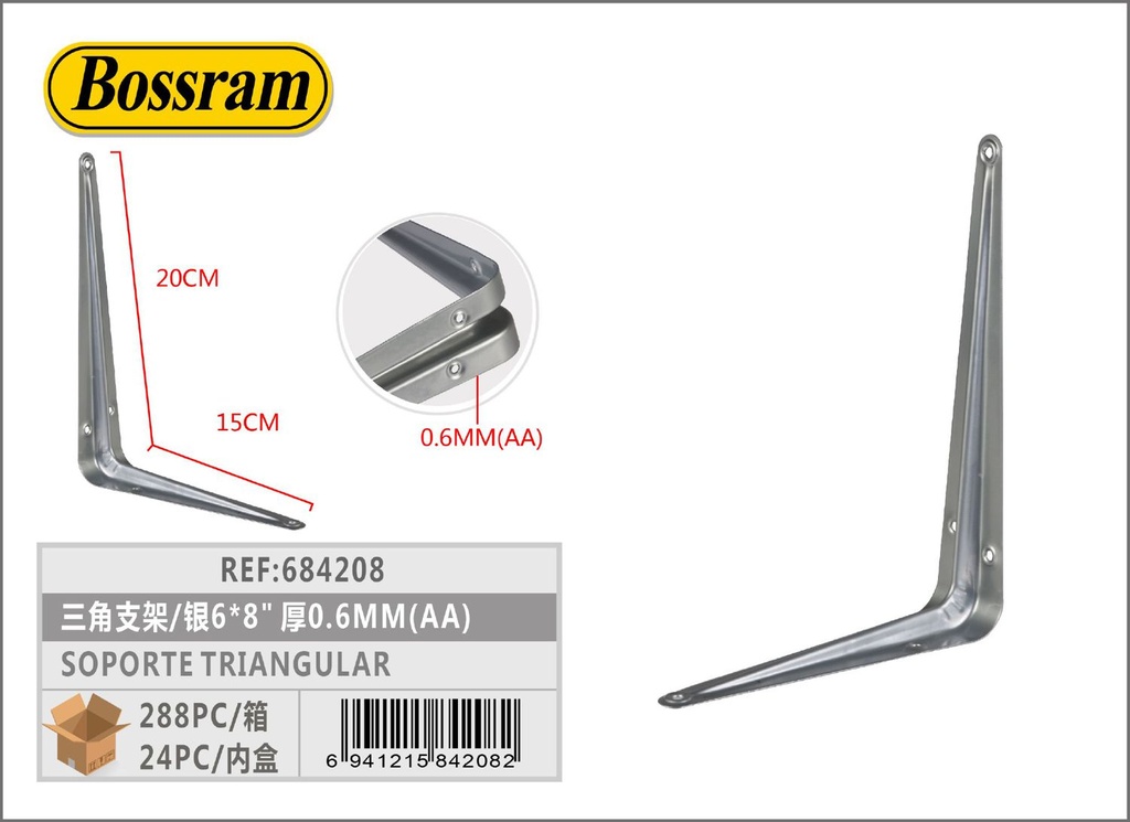 Soporte triangular plateado 6x8" 150x200mm para estanterías