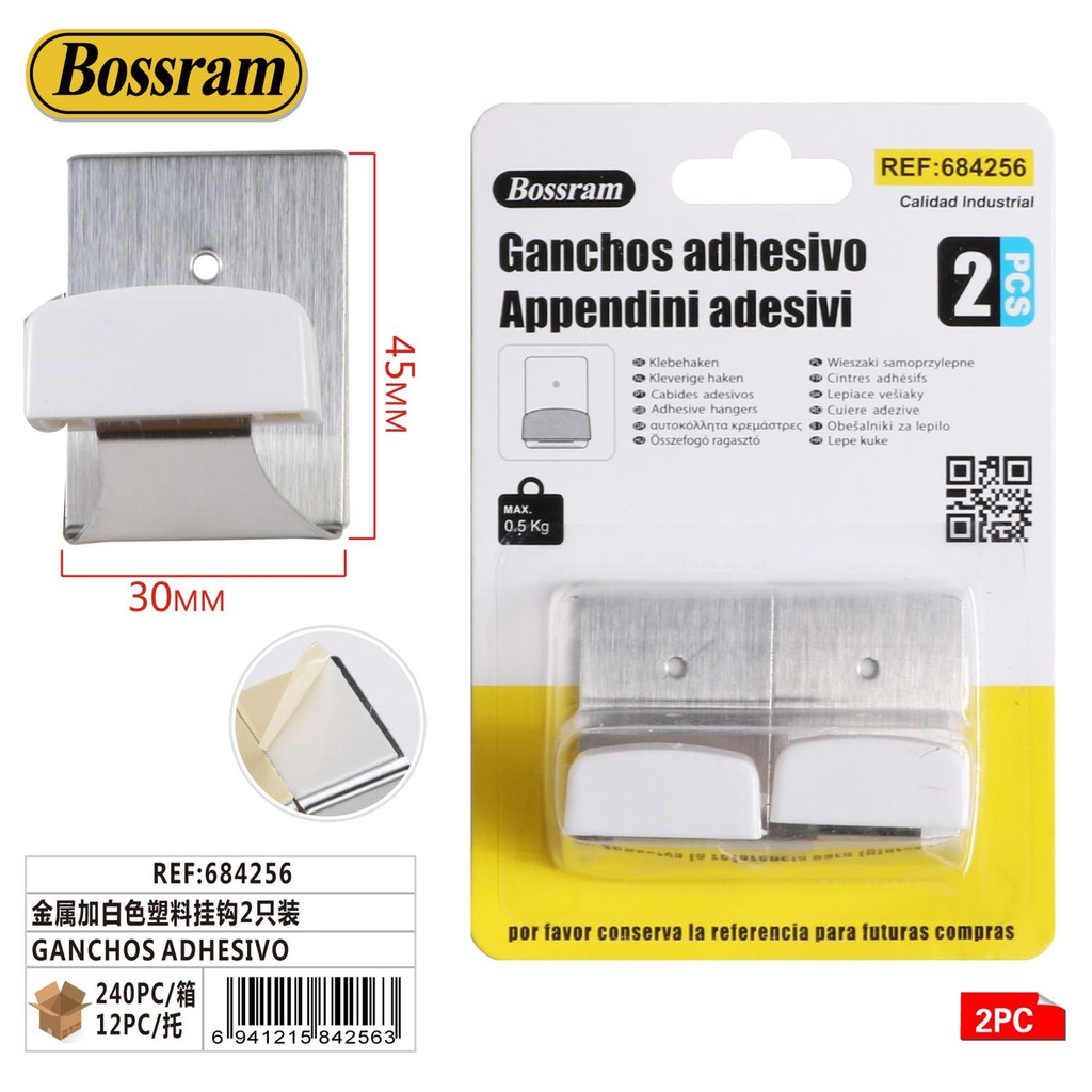 Gancho adhesivo metálico y plástico blanco 2pcs