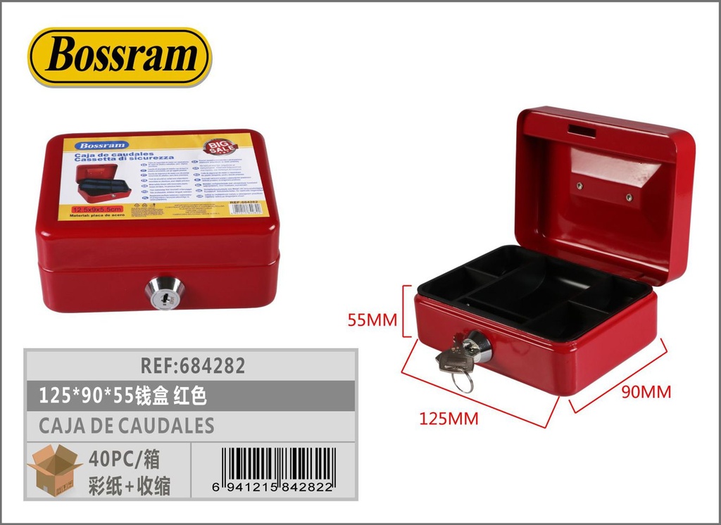 Caja de caudales roja 125x90x55mm para almacenamiento seguro