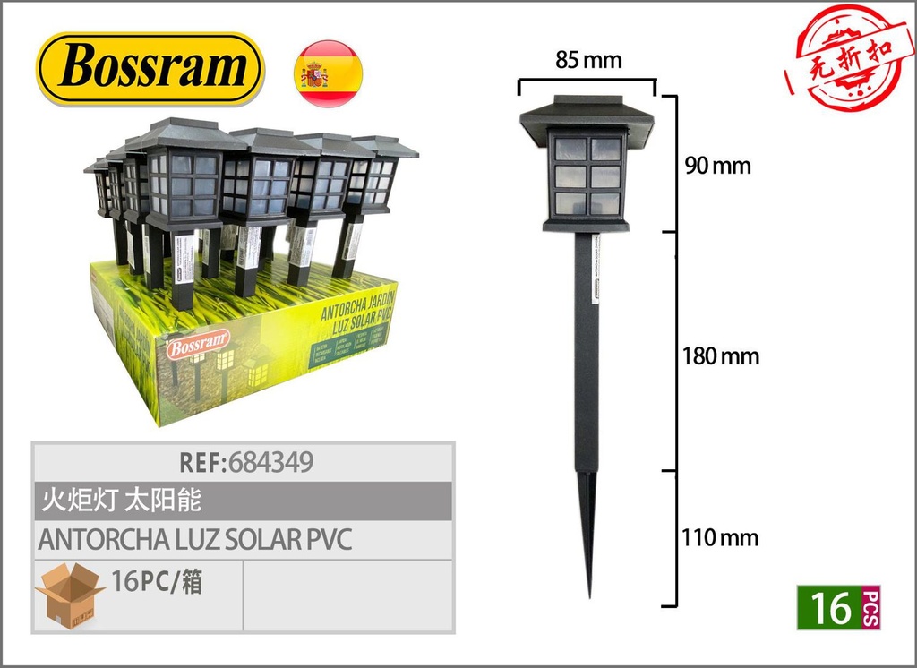 Antorcha luz solar PVC cuadrada para exteriores