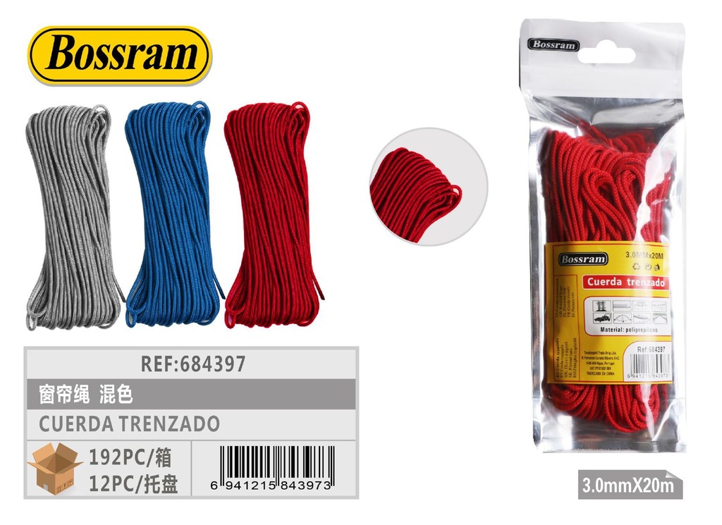 Cuerda trenzada mixta 3.0mm x 20m para multipropósito y manualidades