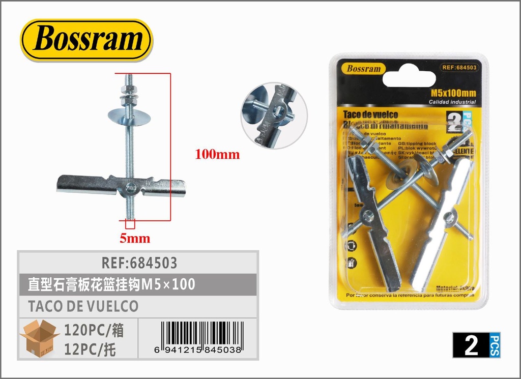 Taco de vuelco M5x100mm 2pcs para fijación en pladur