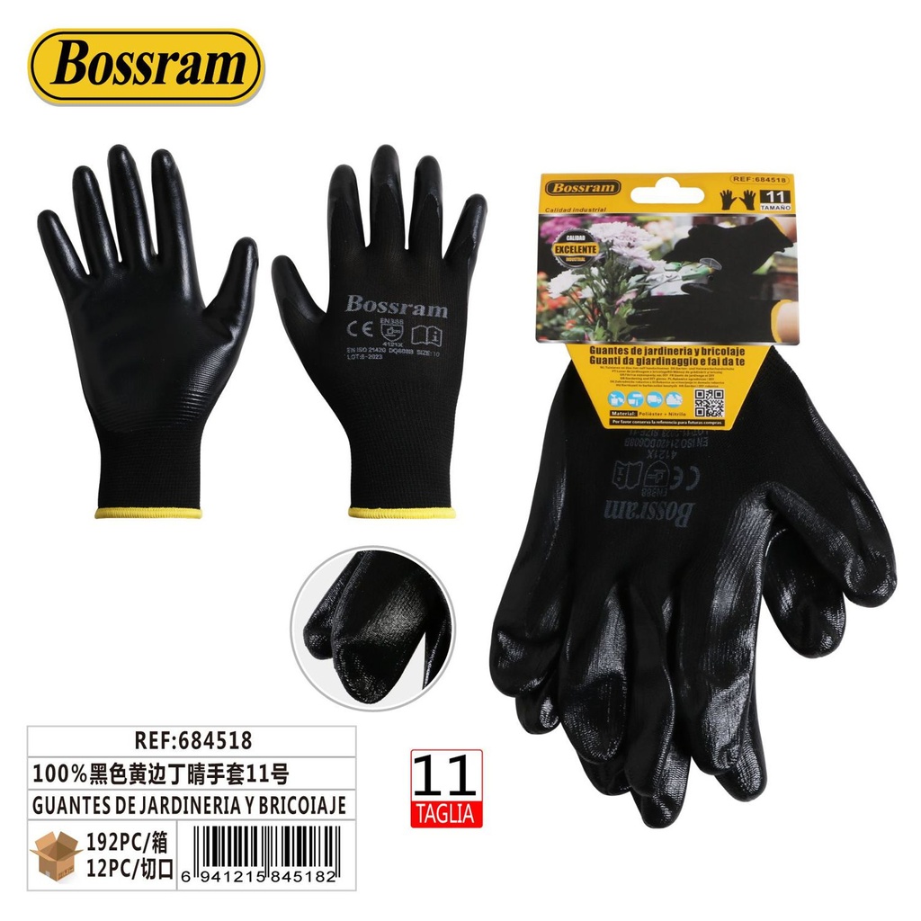 Guantes de jardinería y bricolaje 11 negro con borde amarillo