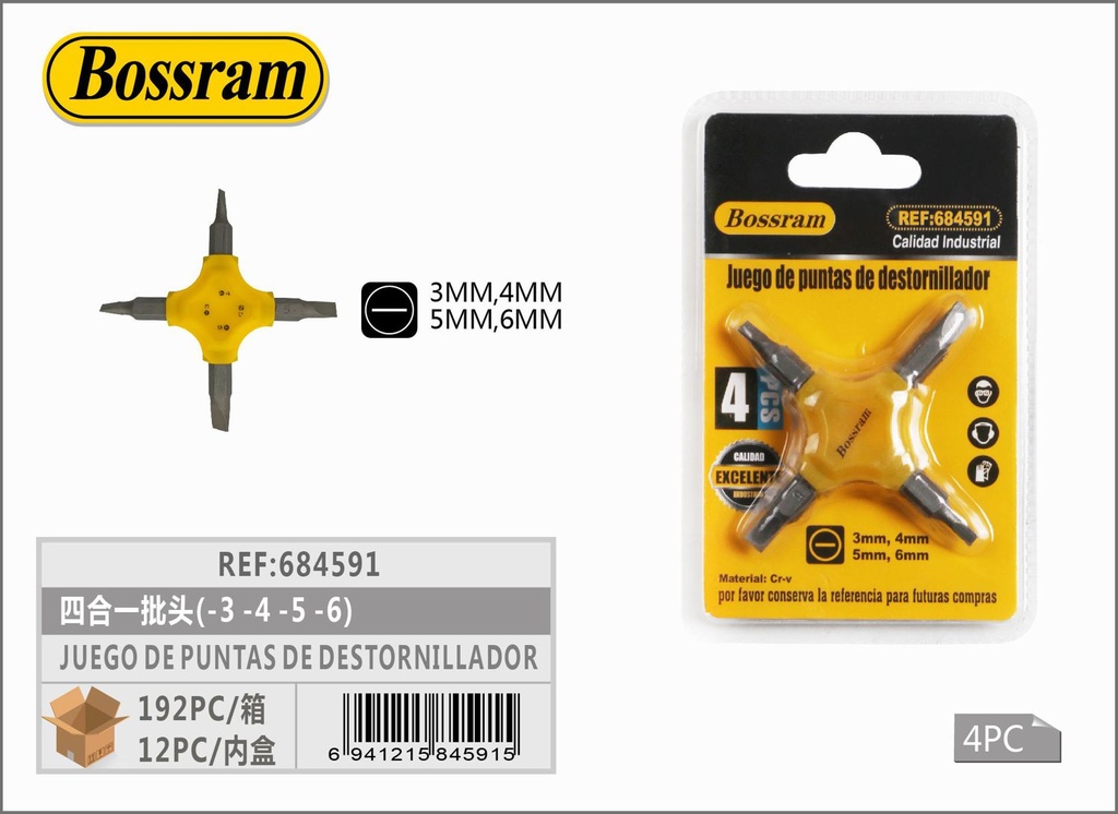 Juego de puntas de destornillador 4 en 1 (-3, -4, -5, -6)