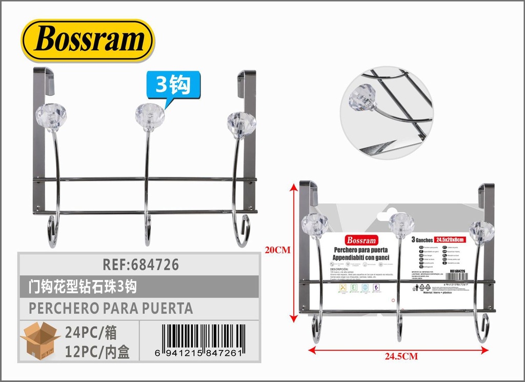 Perchero para puerta con 3 ganchos de flor