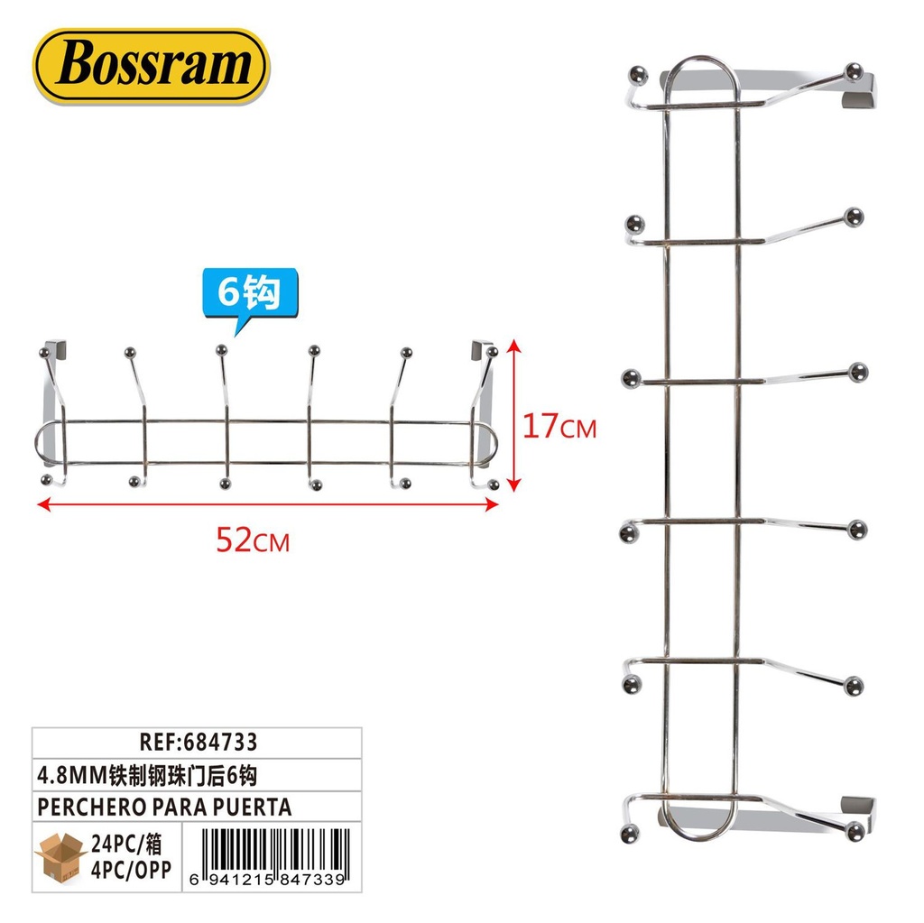 Perchero para puerta 4.8mm 6 ganchos para organizar