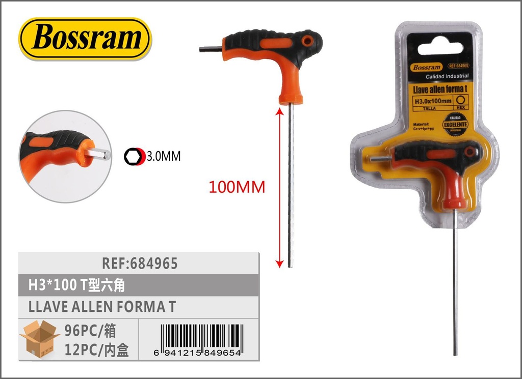 Llave Allen en forma de T 3x100mm para tornillos hexagonales