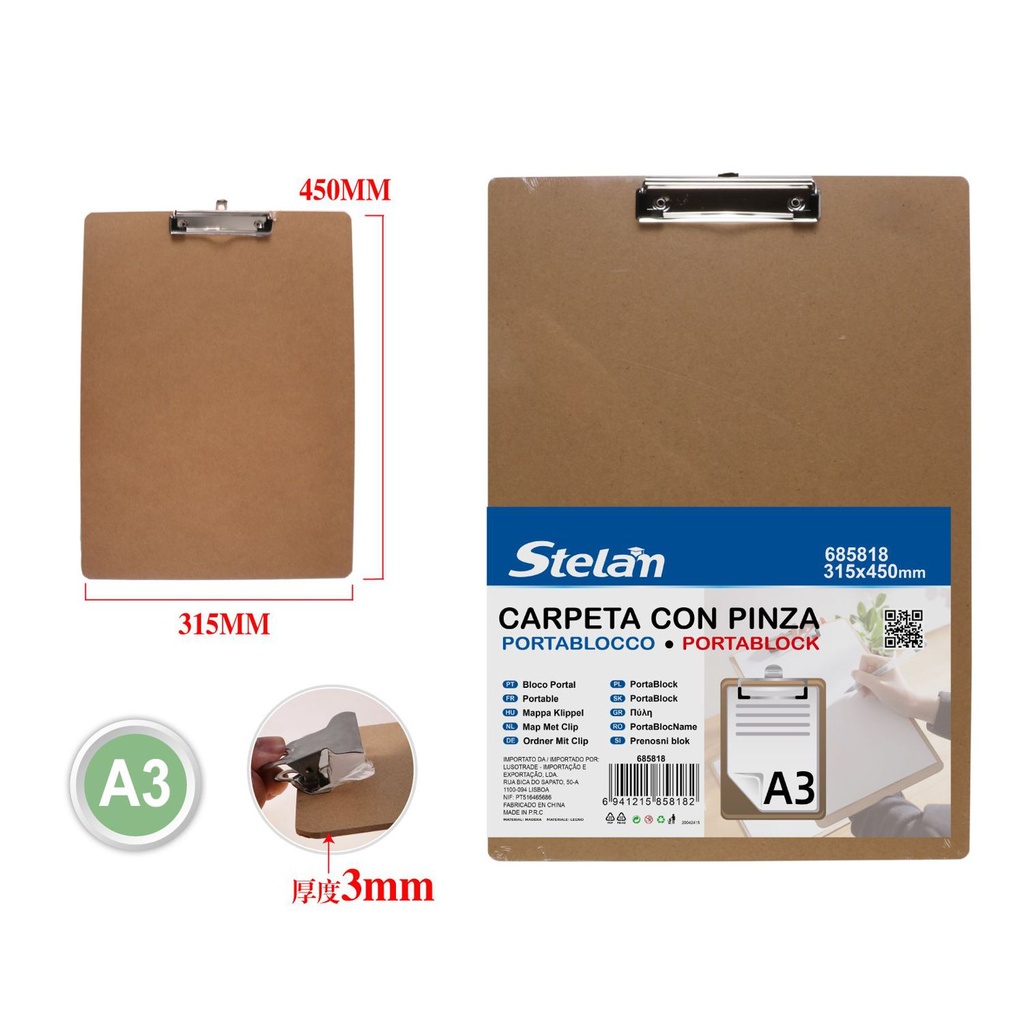 Carpeta de madera con pinza A3 315x450mm para oficina