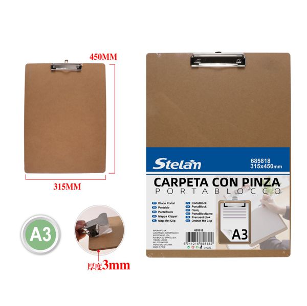 Carpeta de madera con pinza A3 315x450mm para oficina