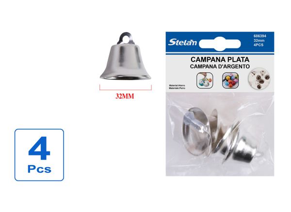 Campanas de plata 32mm 4pcs para manualidades y decoración