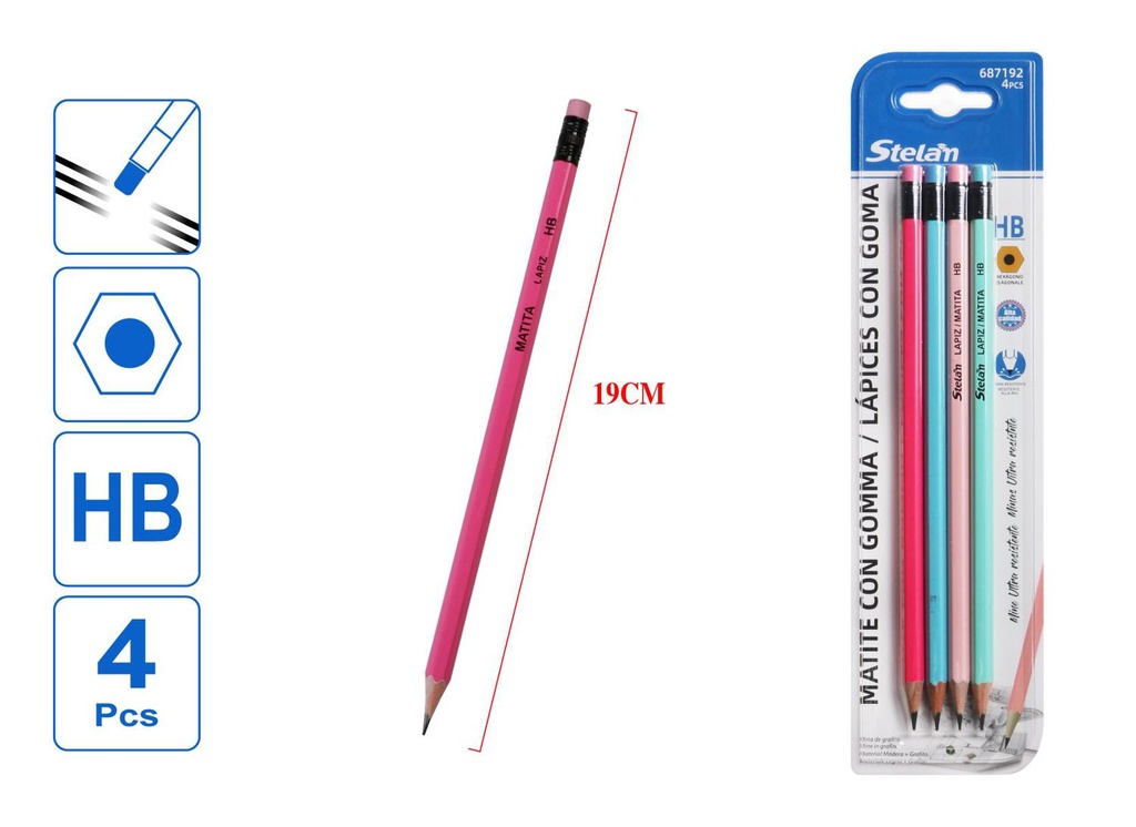 Lápices con goma HB hexagonales claros 4pcs para escritura