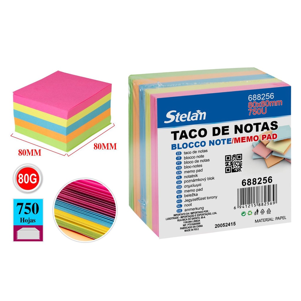 Taco de notas fluorescentes sin adhesivo 80x80 750 hojas