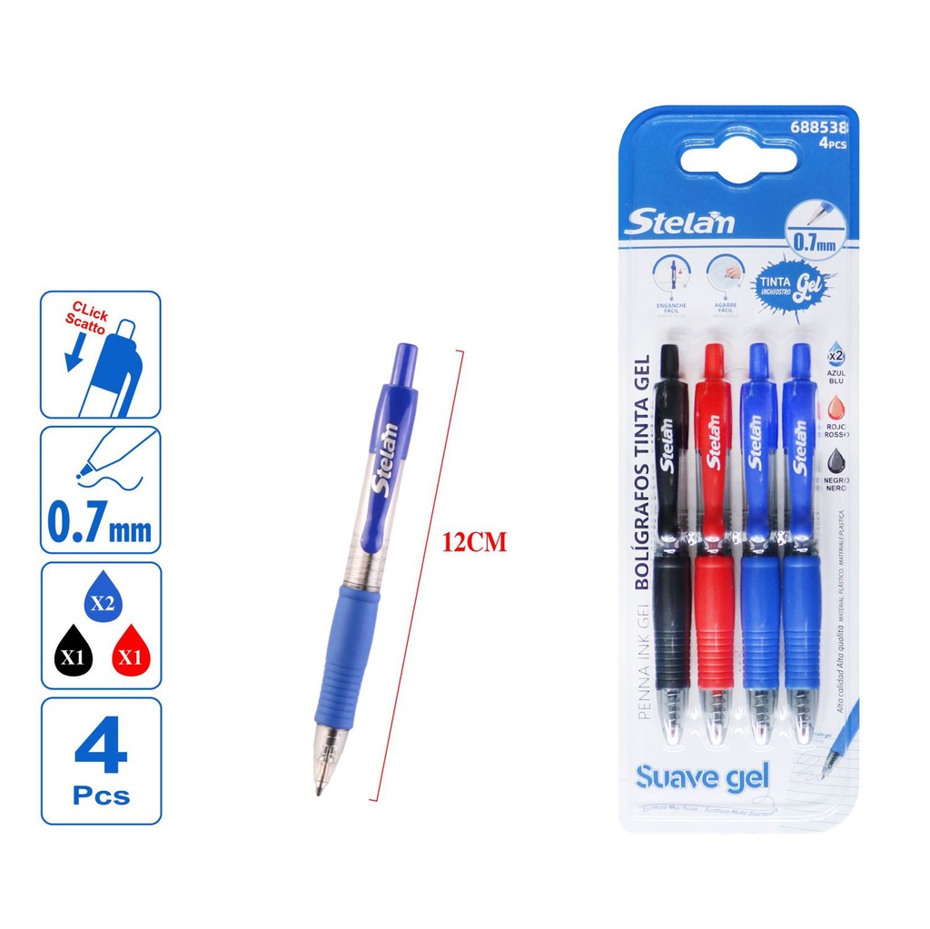 Bolígrafos gel 4pcs (2 azules, 1 negro, 1 rojo) 888825 para escritura