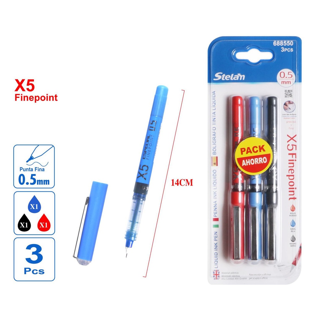 Bolígrafo tinta líquida rojo, azul, negro 3pcs