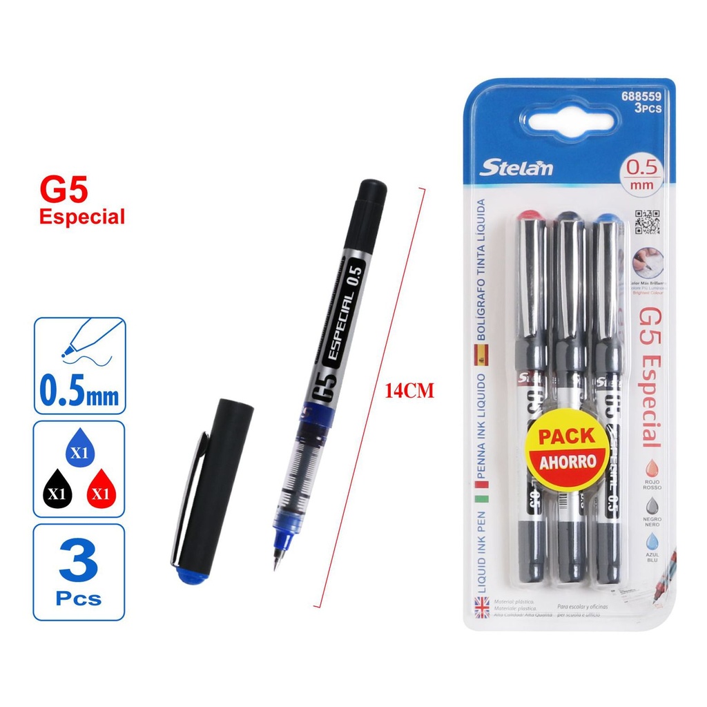 Bolígrafo tinta líquida rojo azul negro 3pcs 888981