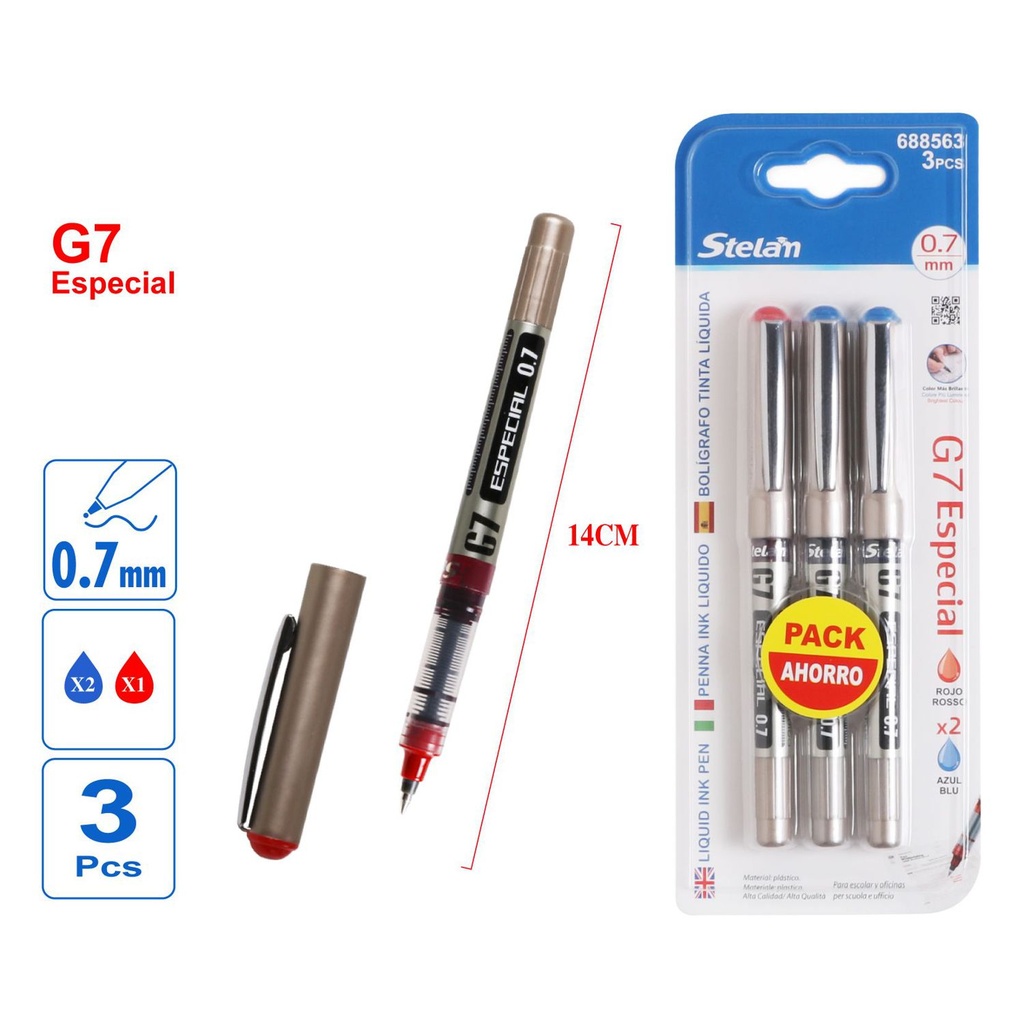 Bolígrafo tinta líquida G7 2 azul 1 rojo 3pc para escritura