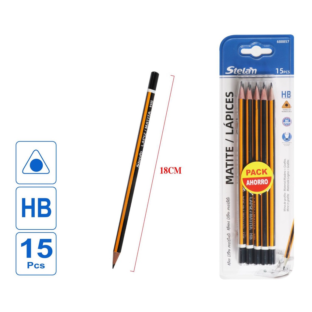 Lápices HB triangulares amarillos y negros 15pcs para escritura y dibujo