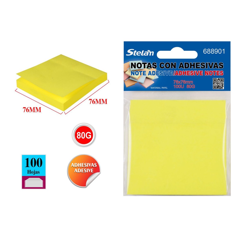 Notas adhesivas fluorescentes 76x76mm 100 hojas para oficina