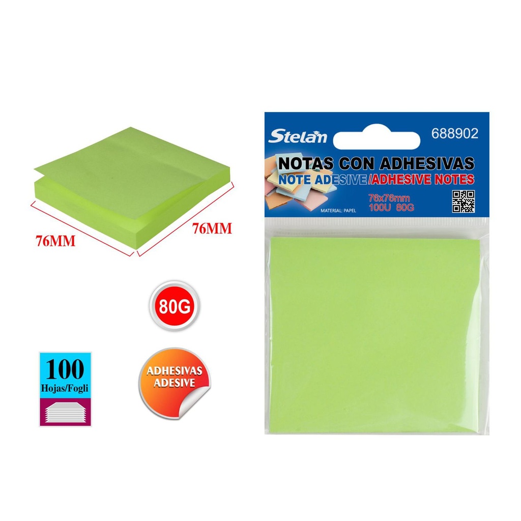 Notas adhesivas 76x76mm fluorescentes 100 hojas verdes