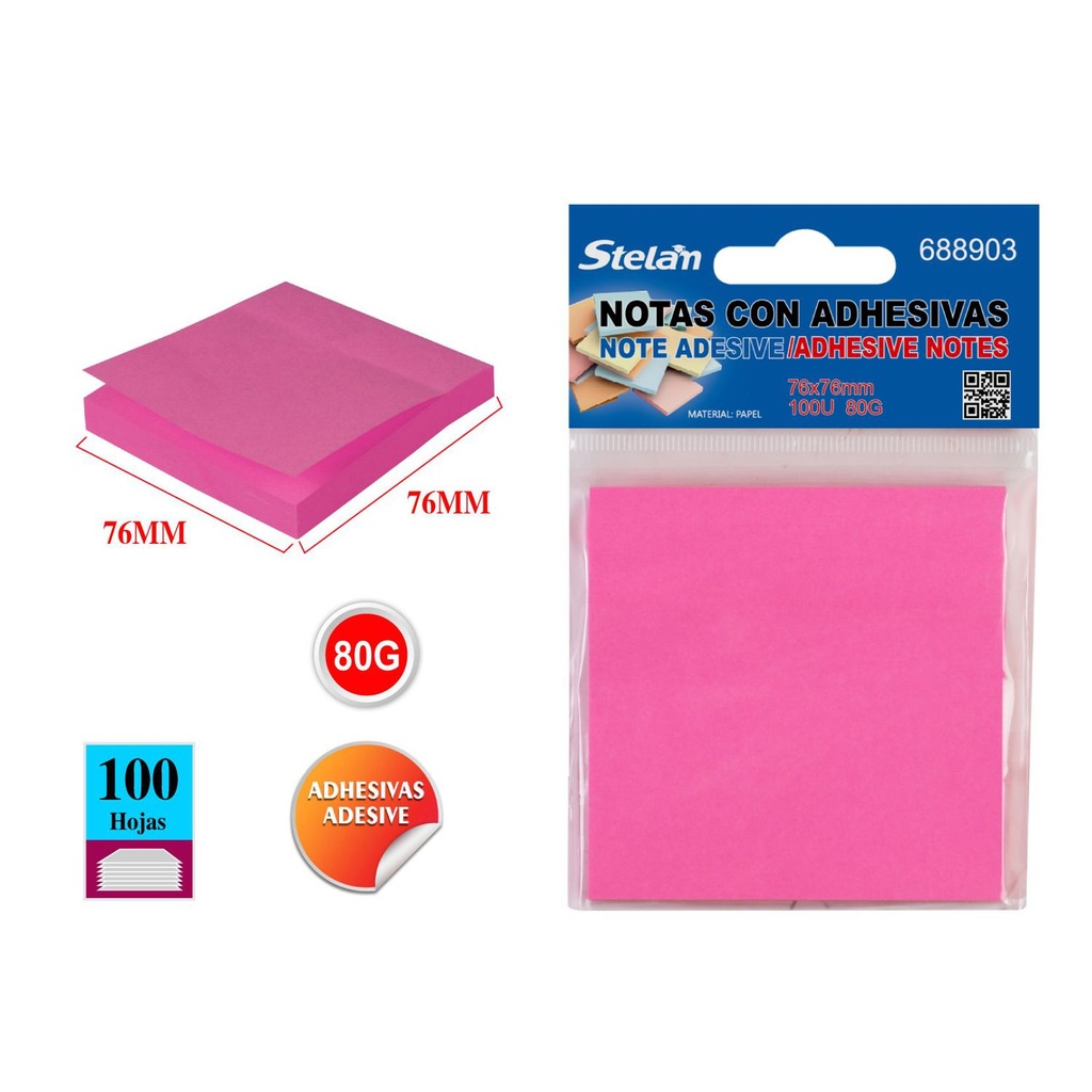 Notas adhesivas fluorescentes 76x76mm 100 hojas rosa