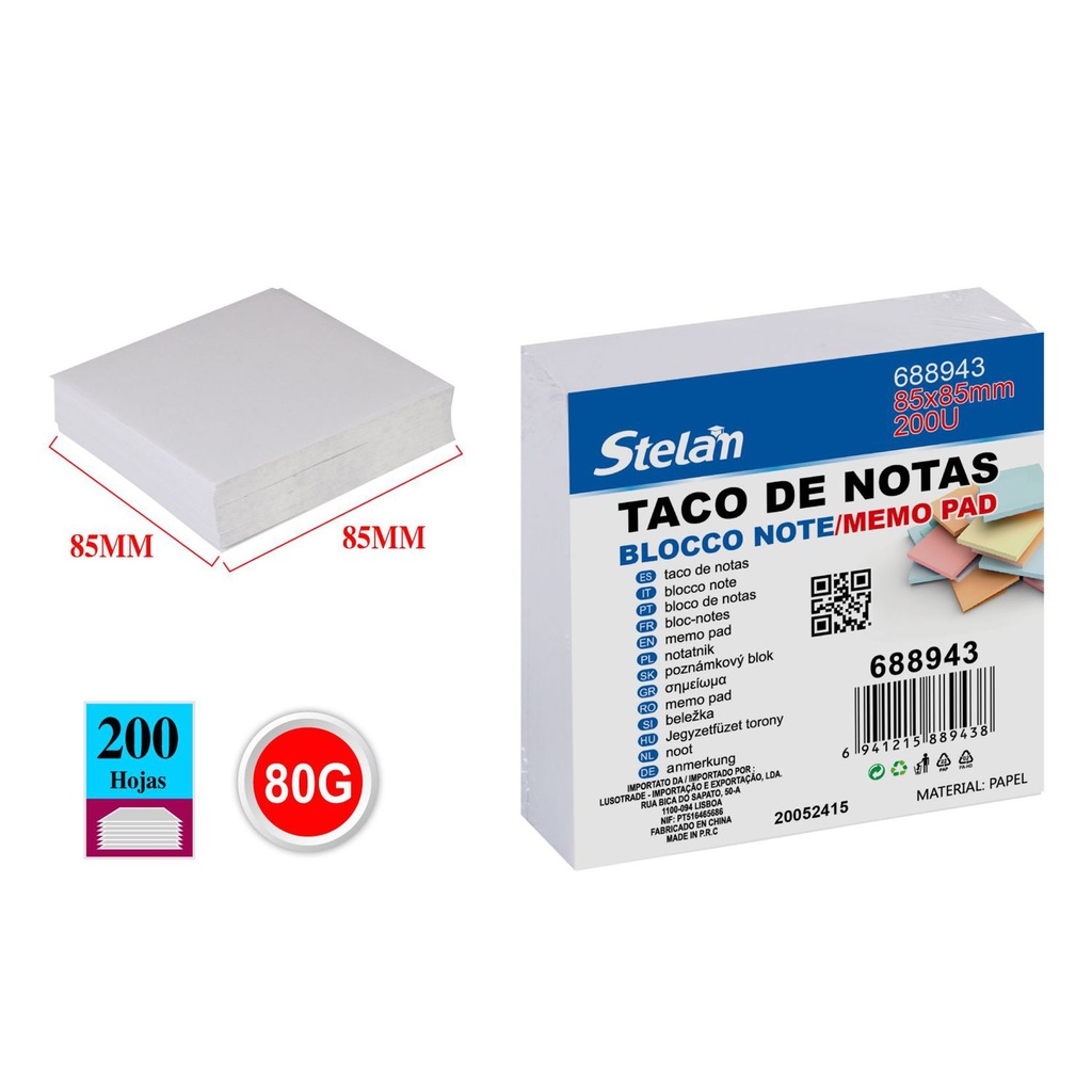 Taco de notas 85x85mm 200 hojas blanco