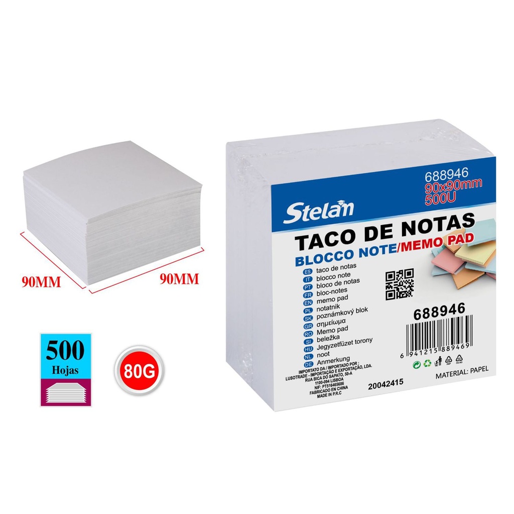 Taco de notas 90x90mm sin adhesivo, 500 hojas