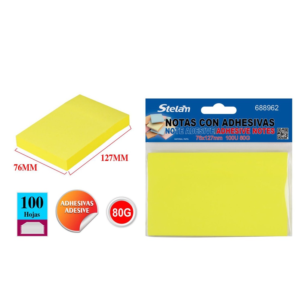 Notas adhesivas 76*127mm 100 hojas (amarillo fluorescente)