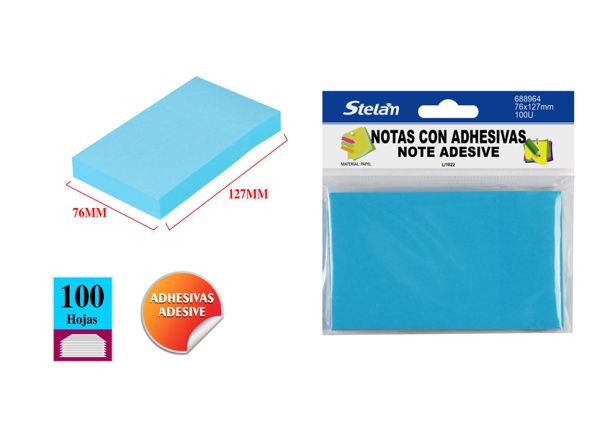 Notas adhesivas 76x127mm 100 hojas fluorescente azul