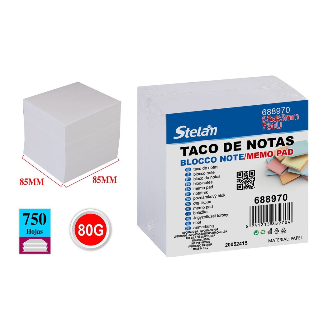 Taco de notas blancas 85x85mm 750 hojas para oficina