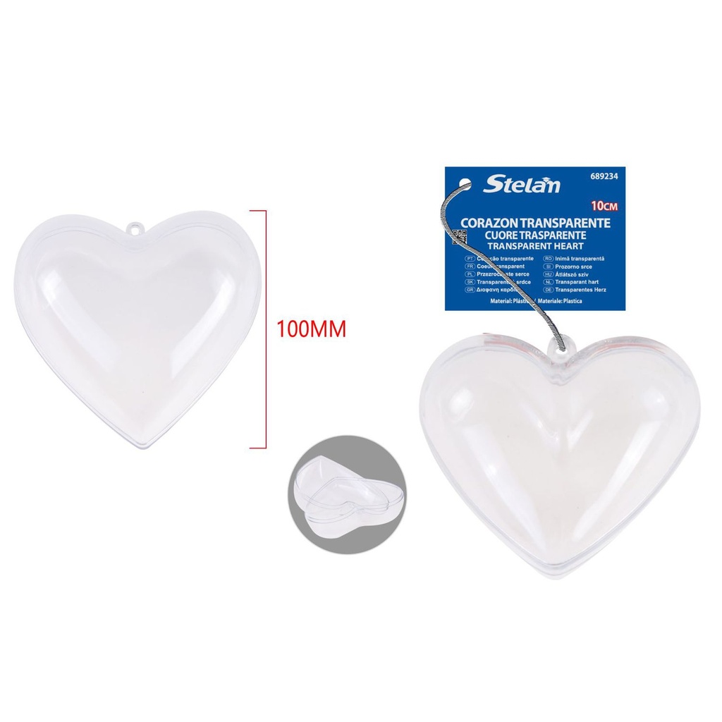 Corazón transparente de plástico 10cm para manualidades