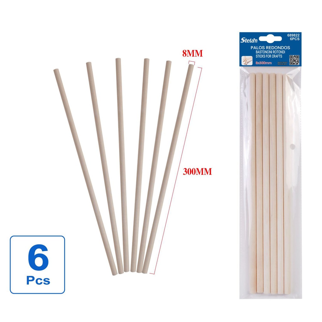 Palos redondos de madera para manualidades 8mmX30cm 6pcs para DIY