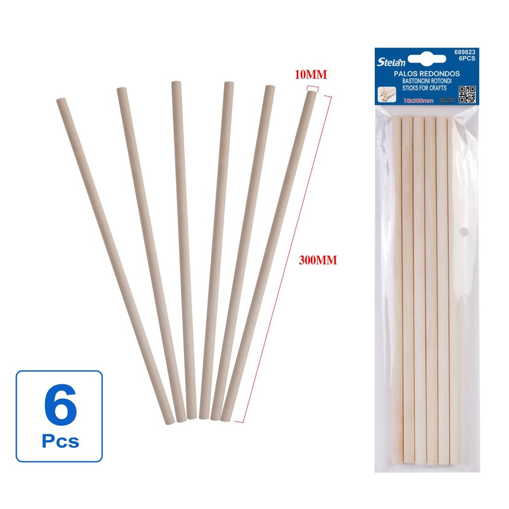 Palos redondos de madera 10mmx30cm 6pcs para manualidades