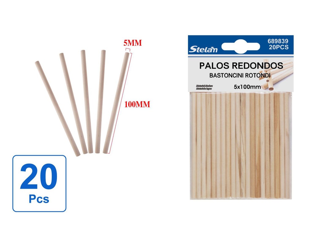 Palos redondos de madera 5x100mm 20pcs manualidades