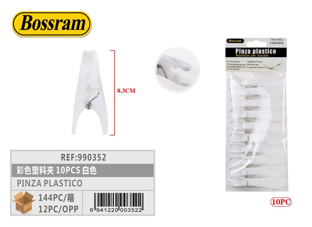 Pinza de plástico 8.3cm 10pcs blanca para colgar ropa