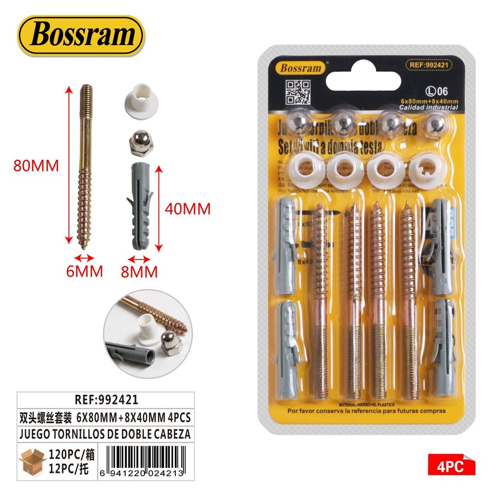 Juego de tornillos de doble cabeza 6x80mm + 8x40mm 4pcs para fijación