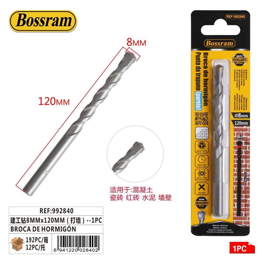 Broca de hormigón 8mmx120mm para taladro