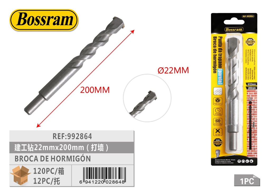 Broca de hormigón 22mmx200mm para taladros