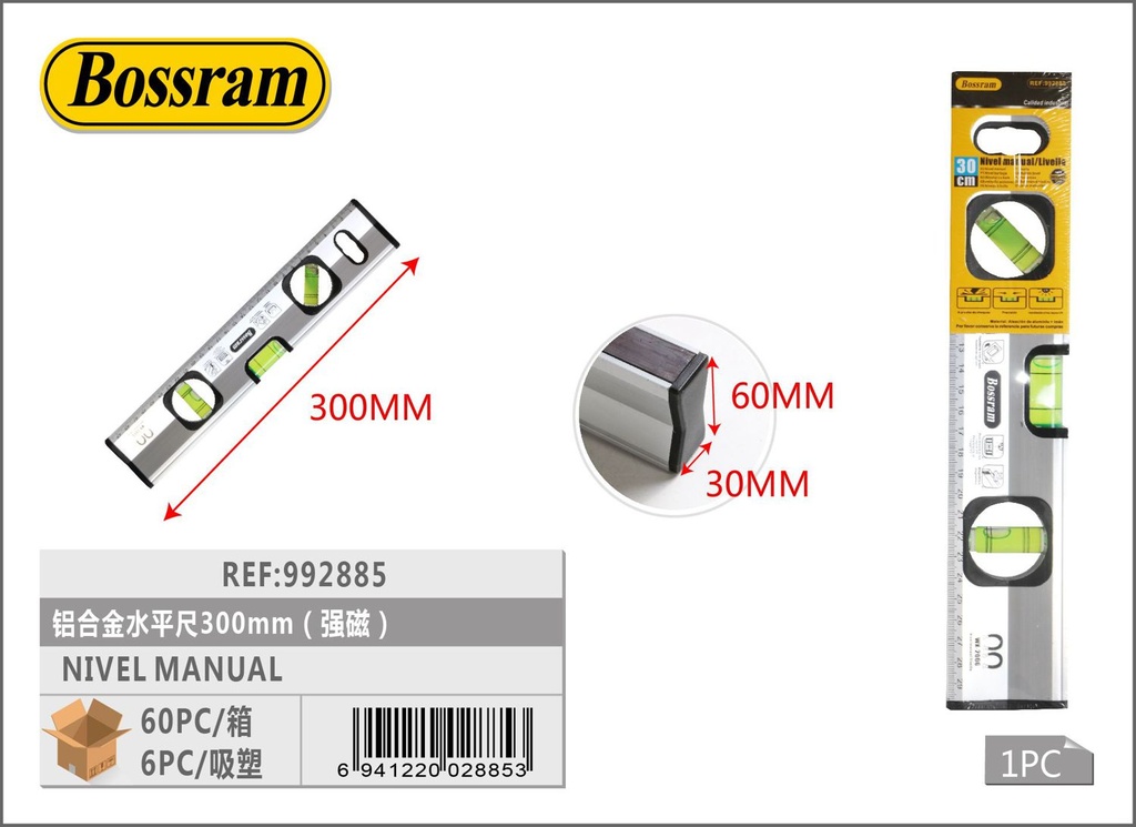 Nivel manual de aluminio con imán, 300mm para herramientas de medición