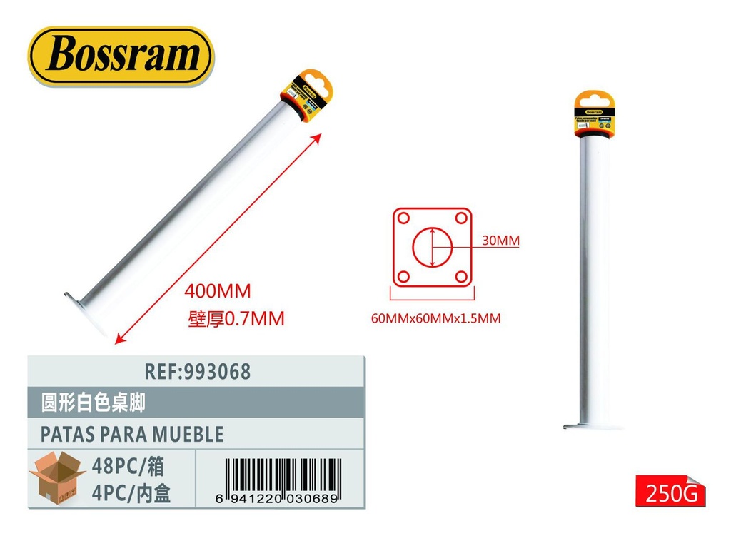 Patas para mueble redondas blancas 30x400mm para bricolaje