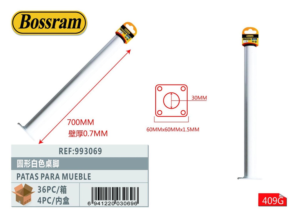 Patas para mueble 30x700mm redondas y blancas para mobiliario