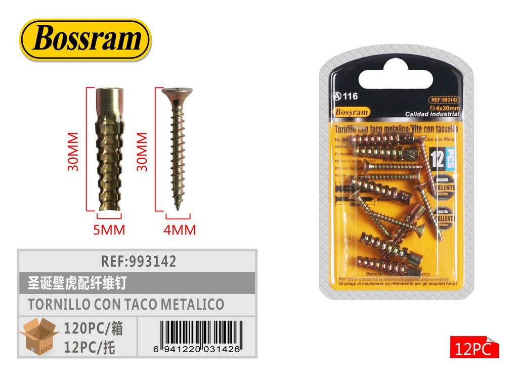 Tornillo con taco metálico 5x30mm + 4x30mm 12pcs para fijaciones seguras