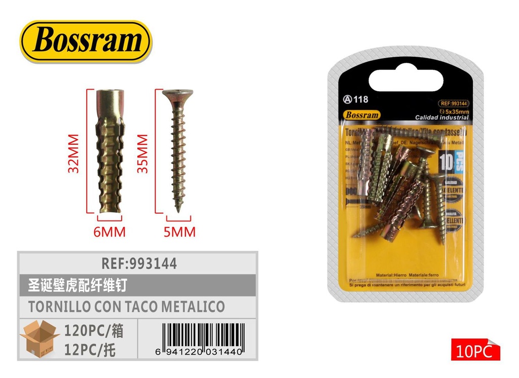 Tornillo con taco metálico 6x32mm y 5x35mm 10pcs