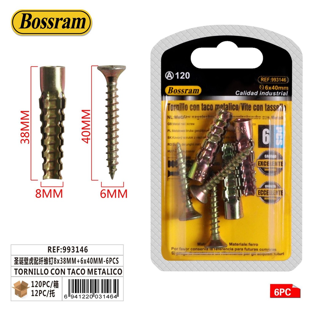 Tornillo con taco metálico 8x38mm+6x40mm 6pcs