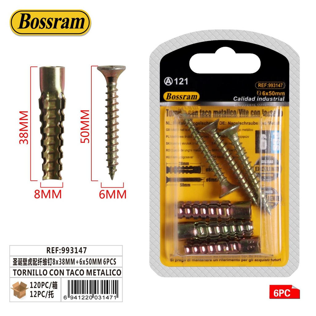 Tornillo con taco metálico para pared 8x38mm+6x50mm 6pcs