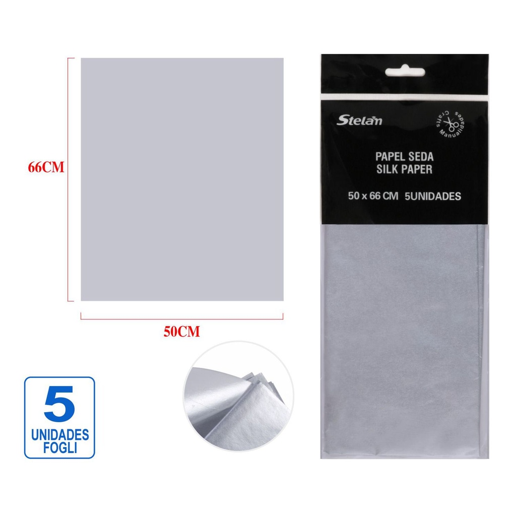 Papel seda 50x66cm 5u plata para manualidades