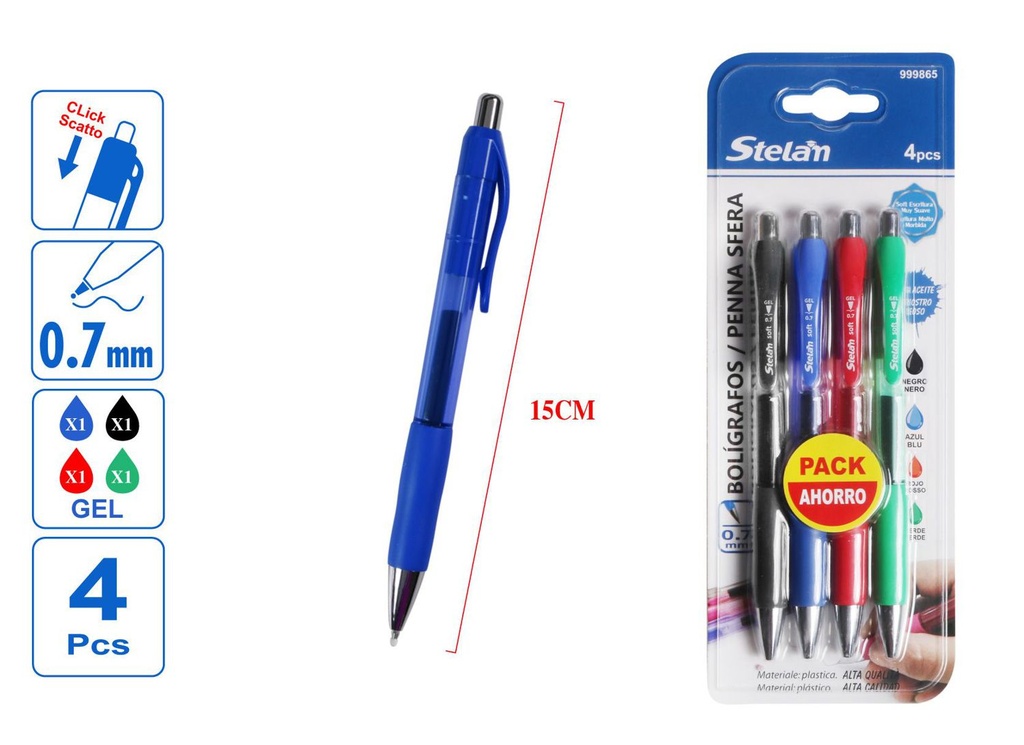 Bolígrafos de gel 0.7mm (4 piezas) en negro, azul, rojo y verde para escritura