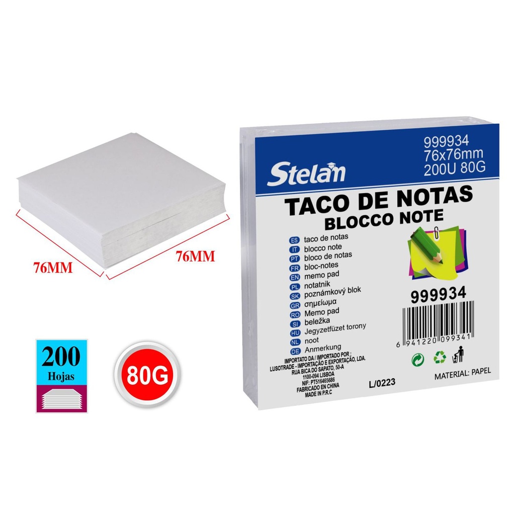 Taco de notas 76x76mm 200 hojas sin adhesivo para oficina