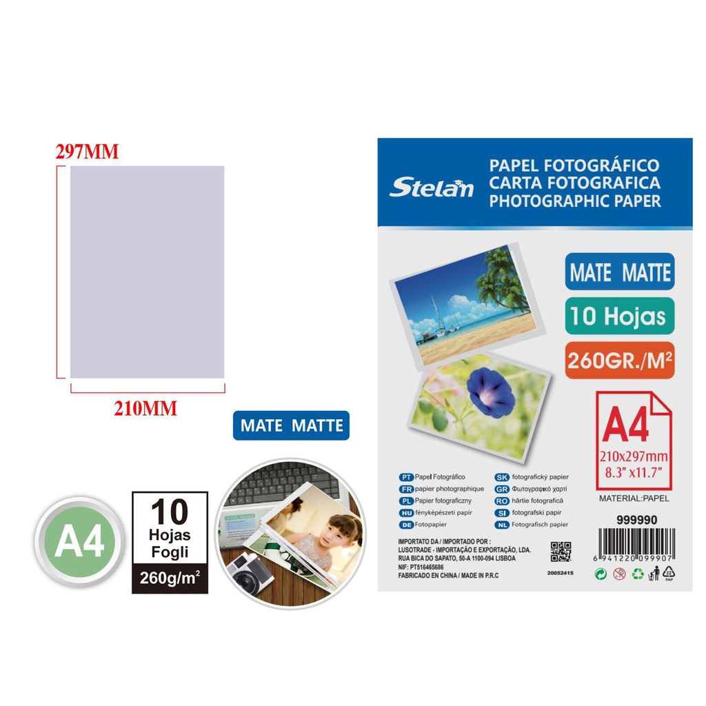 Papel fotográfico mate A4 260g 10 hojas para impresión