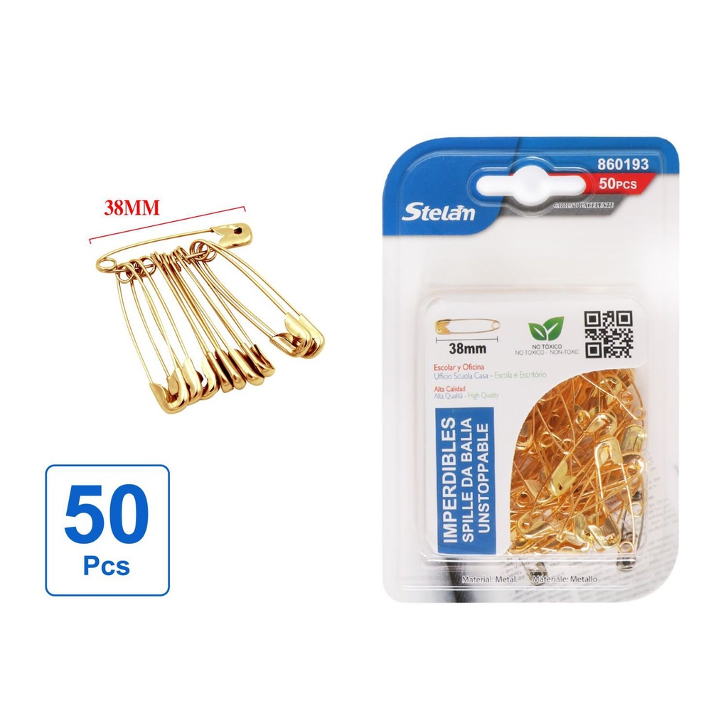 Imperdibles dorados 38mm 50pcs para manualidades y costura